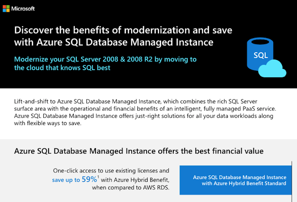 Leia mais sobre o artigo Discover the benefits of modernization and save with Azure SQL Database Managed Instance
